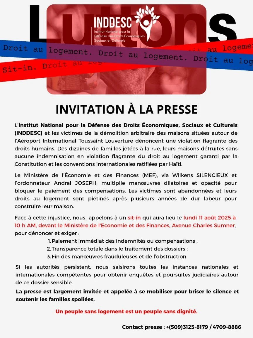 INDDESC invite la presse à un sit-in devant le ministère de l’économie et des Finances pour exiger à l’état de payer les compensations des victimes de la démolition des maisons situées près de l’aéroport Toussaint L’ouverture