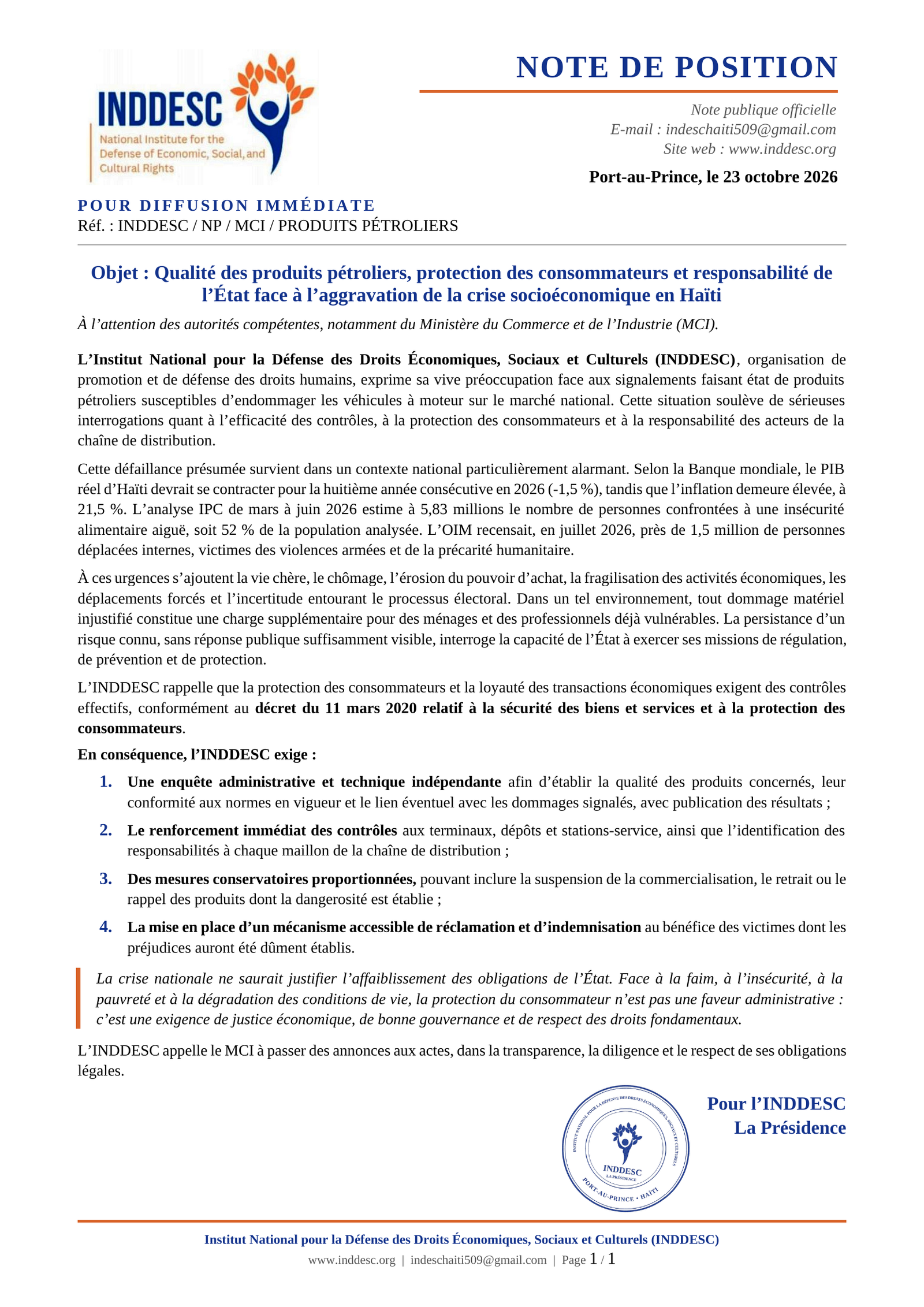Produits pétroliers en Haïti : l’INDDESC exige la protection des consommateurs