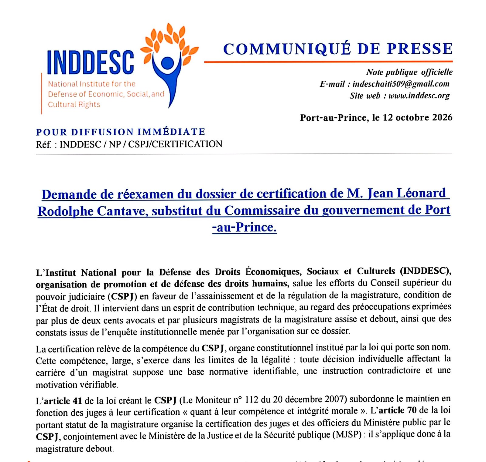 Demande de réexamen du dossier de certification de M. Jean Léonard Rodolphe Cantave, substitut du Commissaire du gouvernement de Port -au-Prince